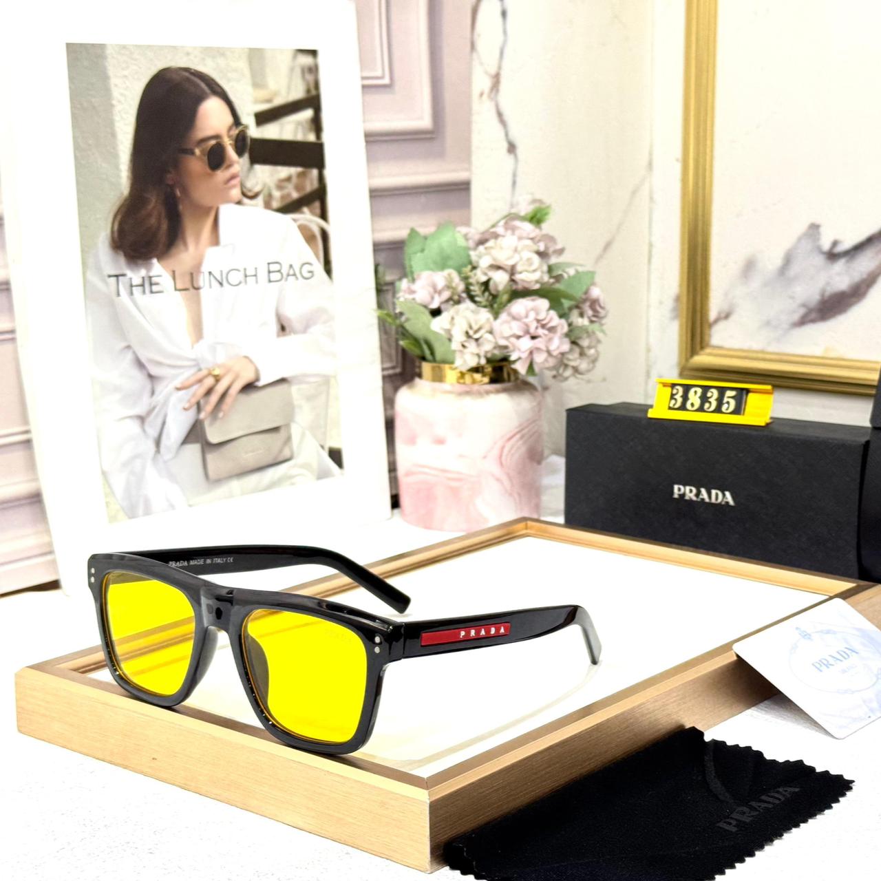 Prada Black Rectangular Acetate Yellow Unisex Sunglasses