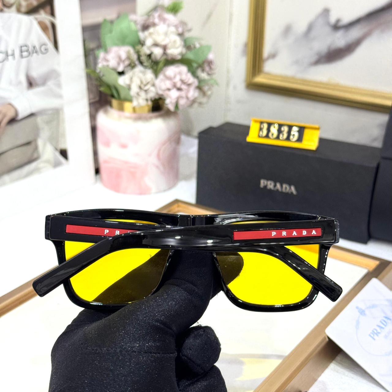 Prada Black Rectangular Acetate Yellow Unisex Sunglasses