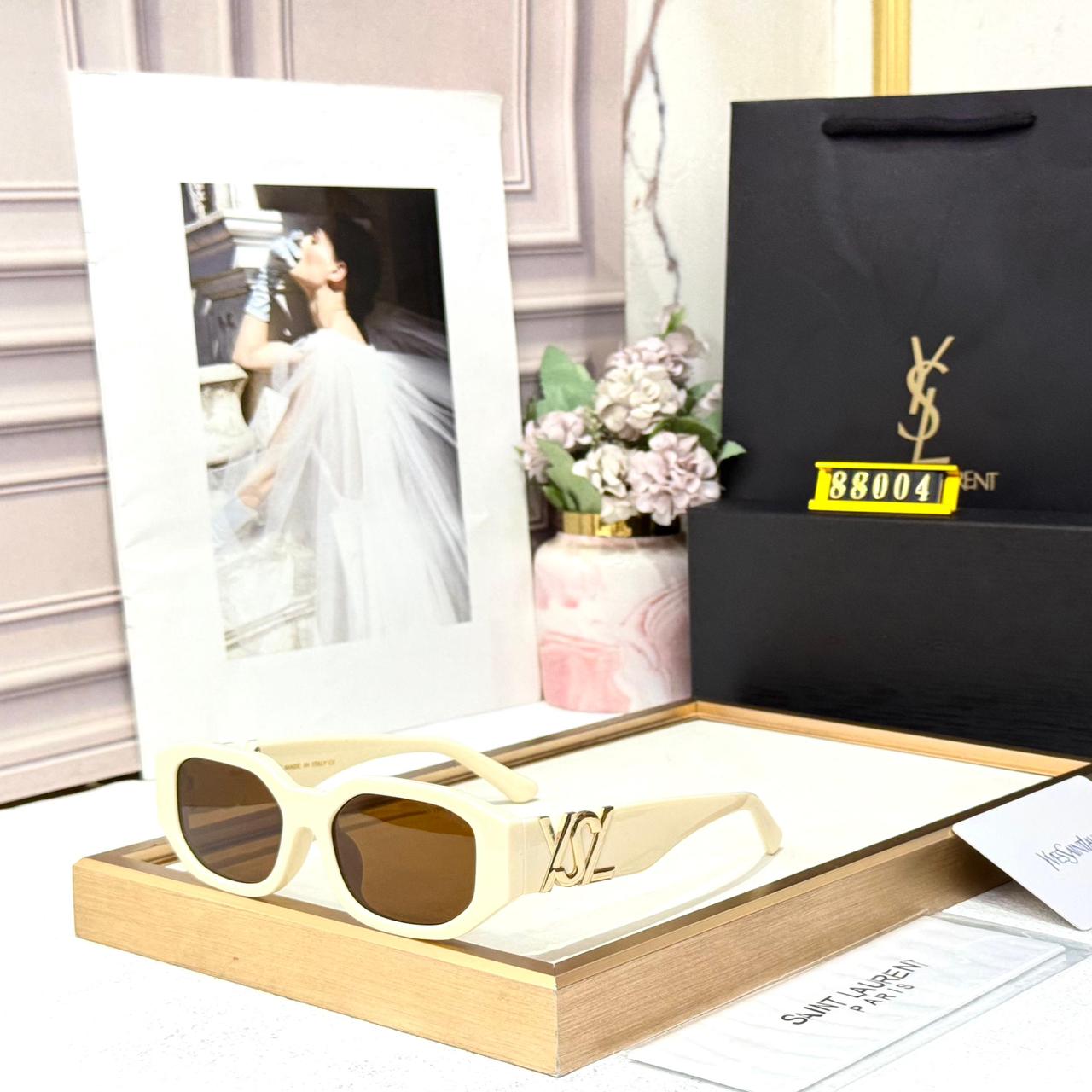 Ysl Saint Laurent White Rectangular Acetate Women’s Sunglasses
