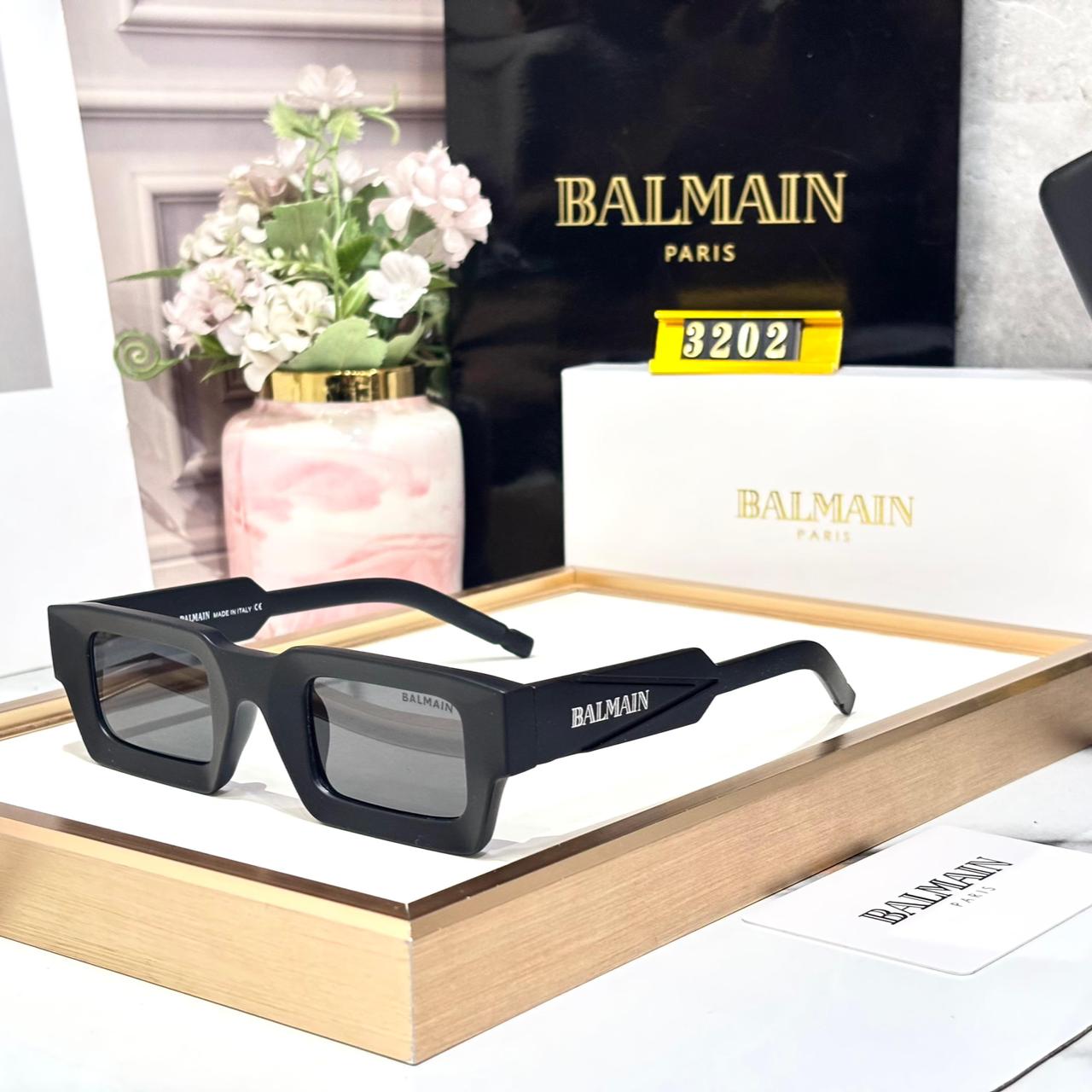 Balmain Black Rectangular Acetate Unisex Sunglasses
