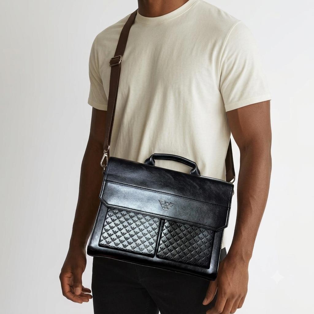 Armani Black Front pocket Embossed Laptop Bag