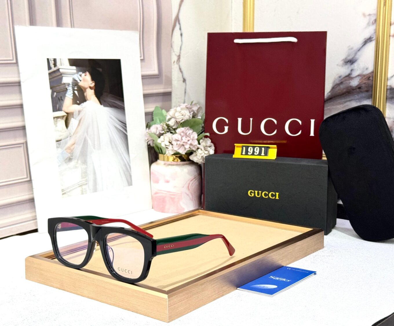 Gucci Square Black Acetate with Signature Green & Red Temples Edition Eyeglasses Frame