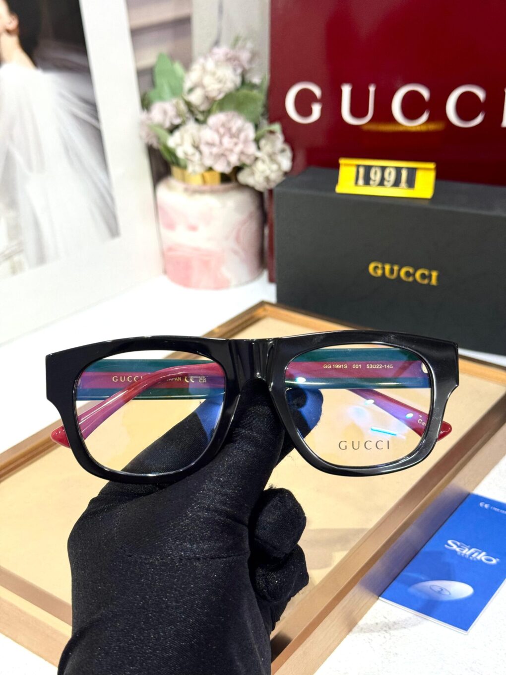 Gucci Square Black Acetate with Signature Green & Red Temples Edition Eyeglasses Frame