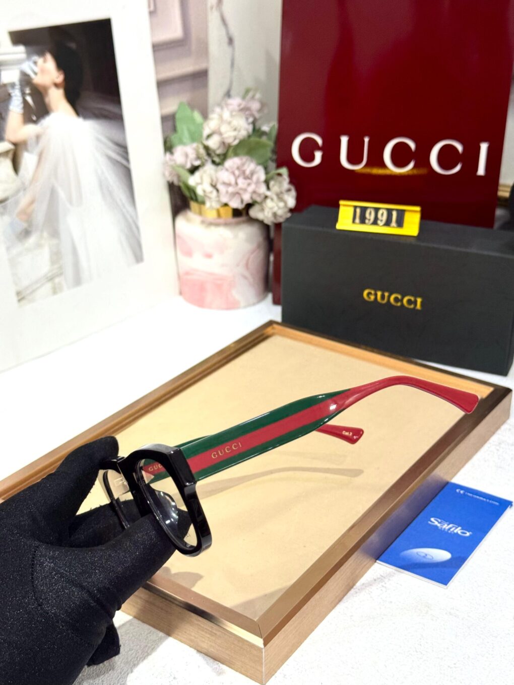 Gucci Square Black Acetate with Signature Green & Red Temples Edition Eyeglasses Frame
