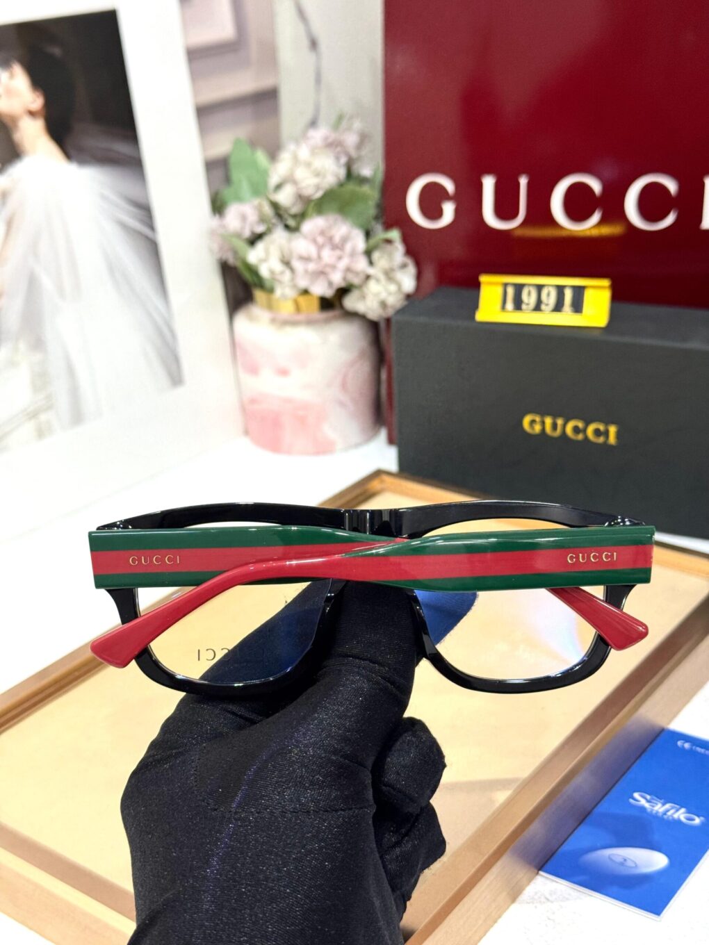 Gucci Square Black Acetate with Signature Green & Red Temples Edition Eyeglasses Frame