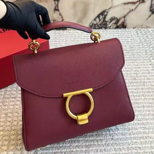 Ferragamo Gancini Wine Color Top Handle Premium Bag (With Box)
