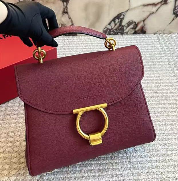 Ferragamo Gancini Wine Color Top Handle Premium Bag (With Box)