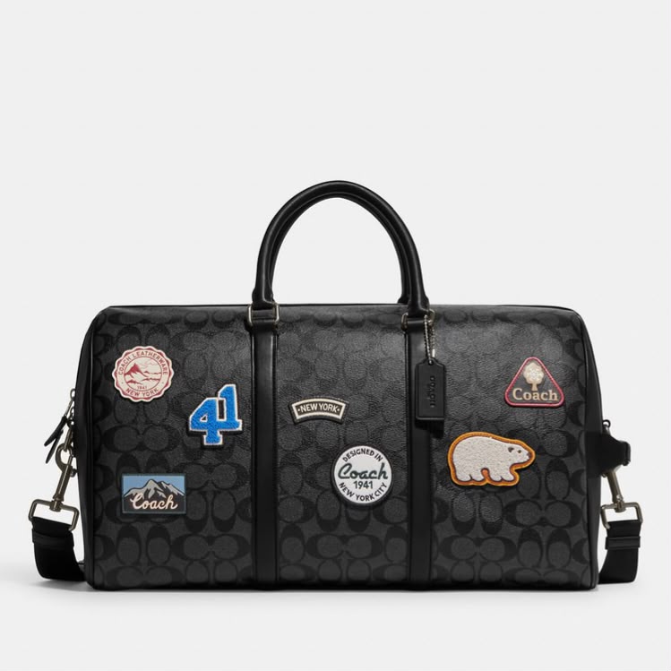 Coach Signature Black Canvas With Ski Patches Premium Duffle Bag