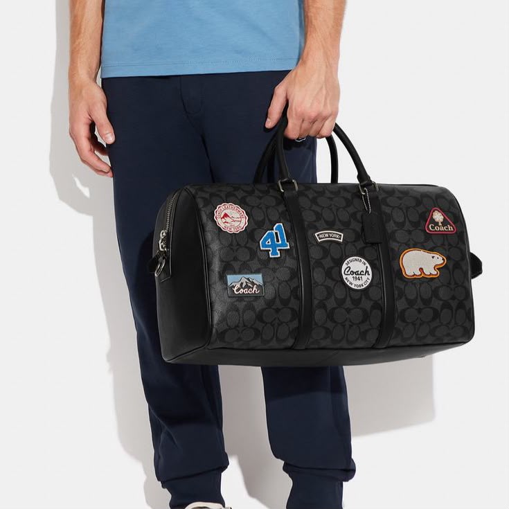 Coach Signature Black Canvas With Ski Patches Premium Duffle Bag