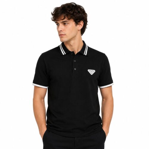 Prada Stripe Collar Black Polo Tshirt