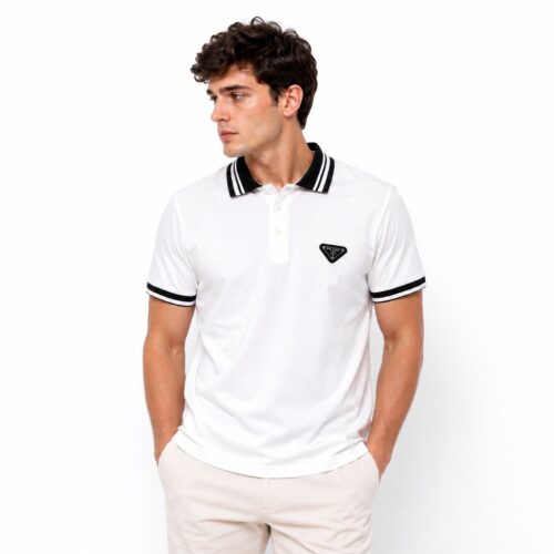 Prada Stripe Collar White Polo Tshirt