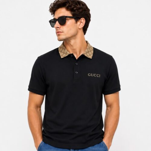 Gucci Monogram Collar Black Polo Tshirt