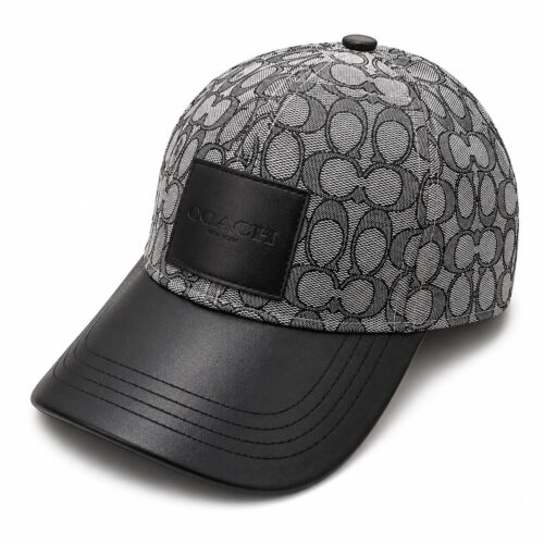Coach Jacquard Gray Black Leatherate Baseball Cap