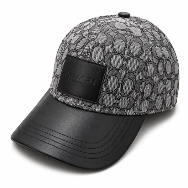 Coach Jacquard Gray Black Leatherate Baseball Cap