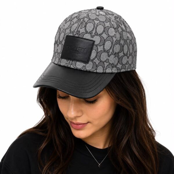 Coach Jacquard Gray Black Leatherate Baseball Cap