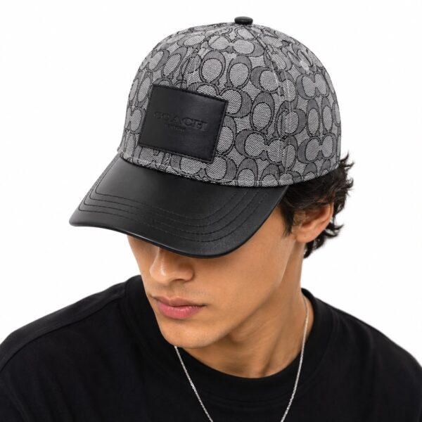 Coach Jacquard Gray Black Leatherate Baseball Cap